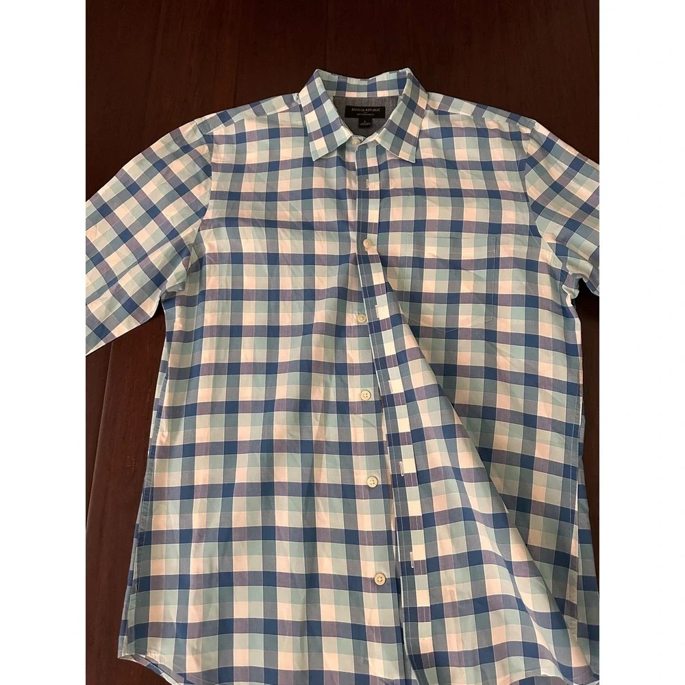 Banana Republic Soft Wash Slim Fit Shirt Mens L Blue Gingham Check Button Down